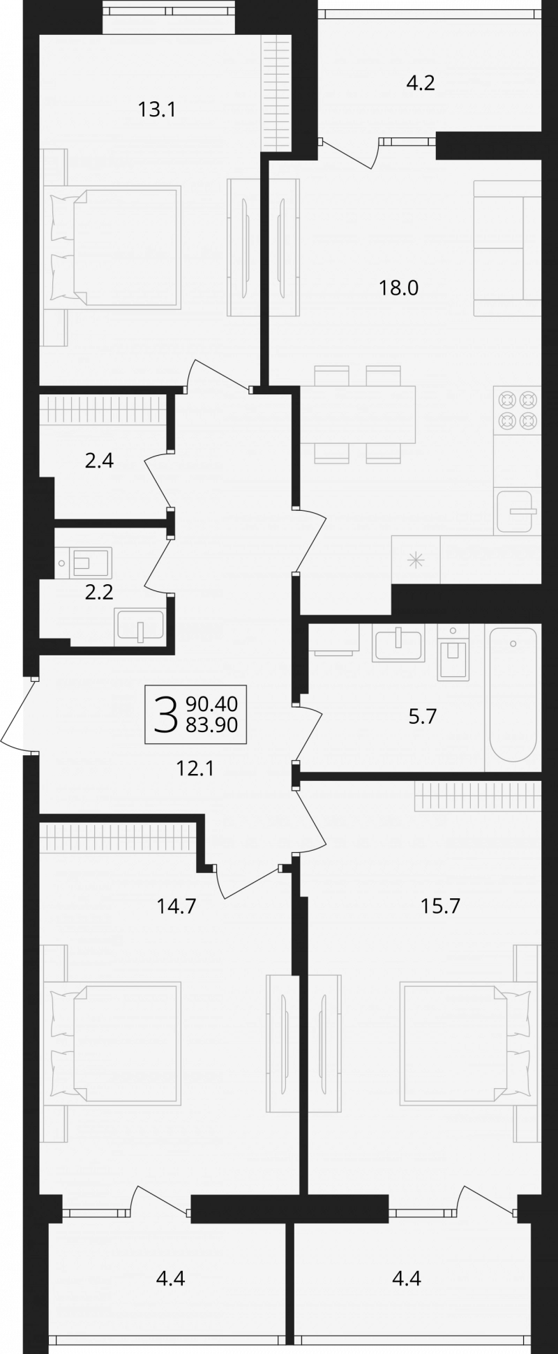 Планировка 3-комнатной квартира 90 м² — ЖК «Цветной бульвар»